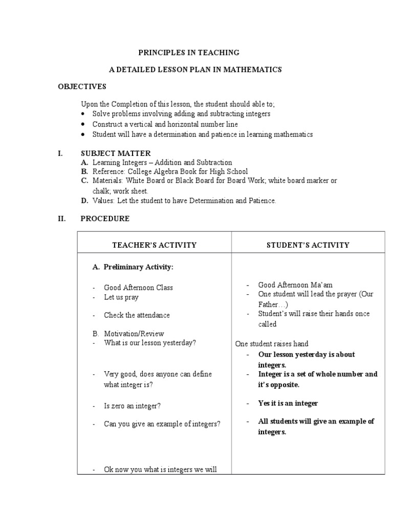 Detailed Lesson Plan on Integers | PDF | Lesson Plan | Subtraction