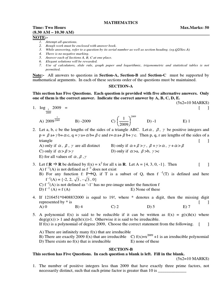 Mathematics Exam Paper Guidelines | PDF | Triangle | Logarithm