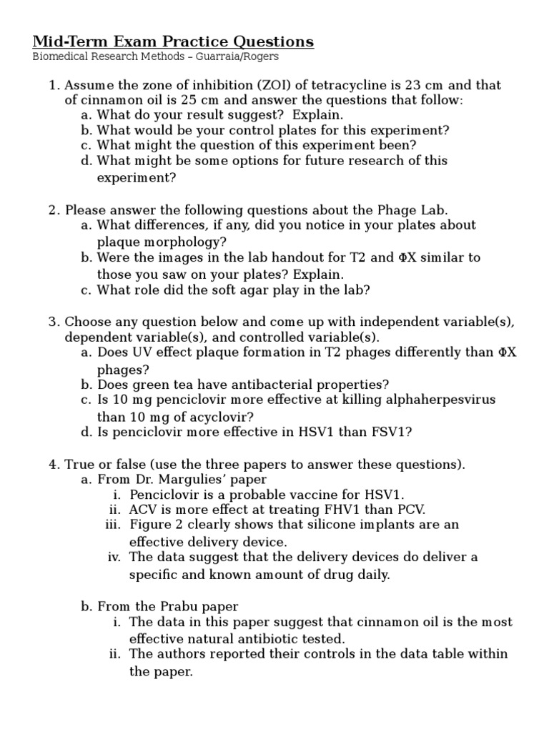 Biomedical Research Methods Exam Questions | PDF | Antibiotics | Experiment