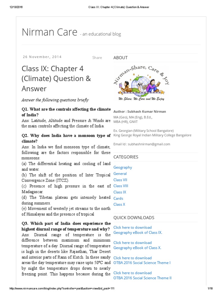 Class IX_ Chapter 4 (Climate) Question & Answer Climate Geography