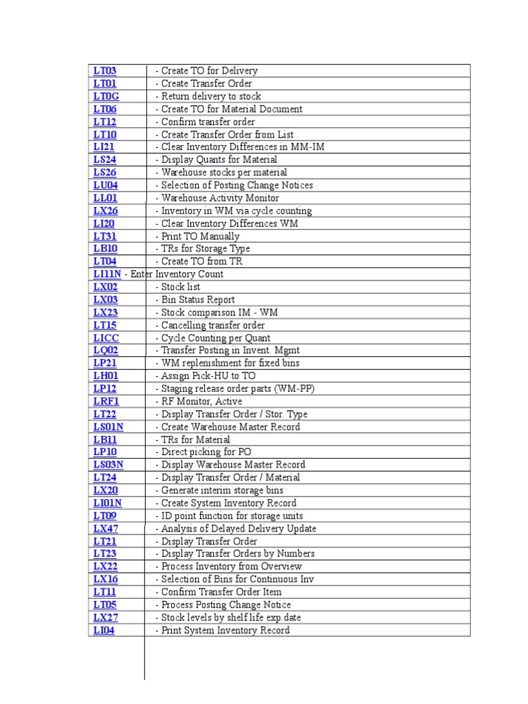 Sap WM Tcodes Inventory Warehouse