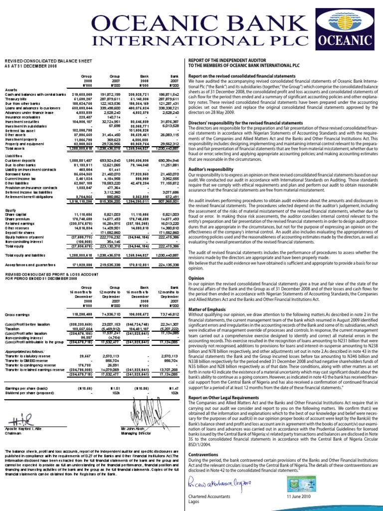 Oceanic Bank 2008 Financial Report | PDF | Audit | Financial Statement