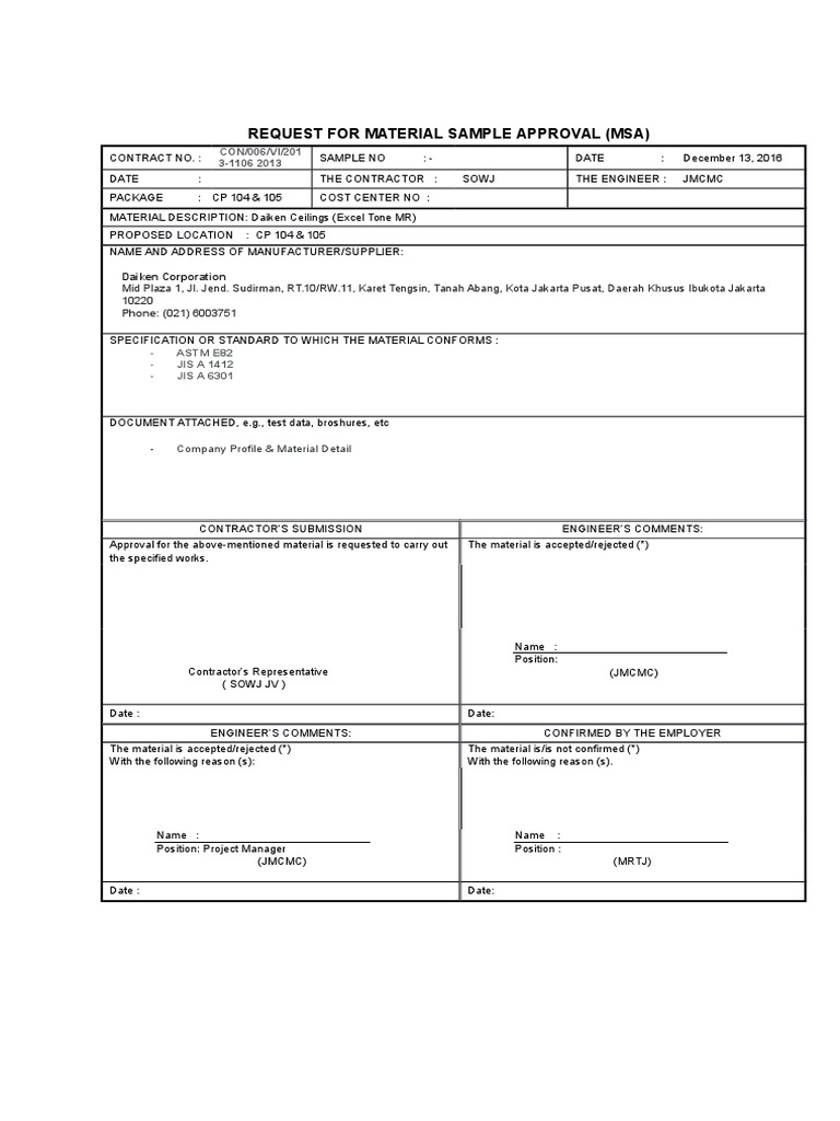 Material Sample Approval Request Form | PDF | Technology & Engineering