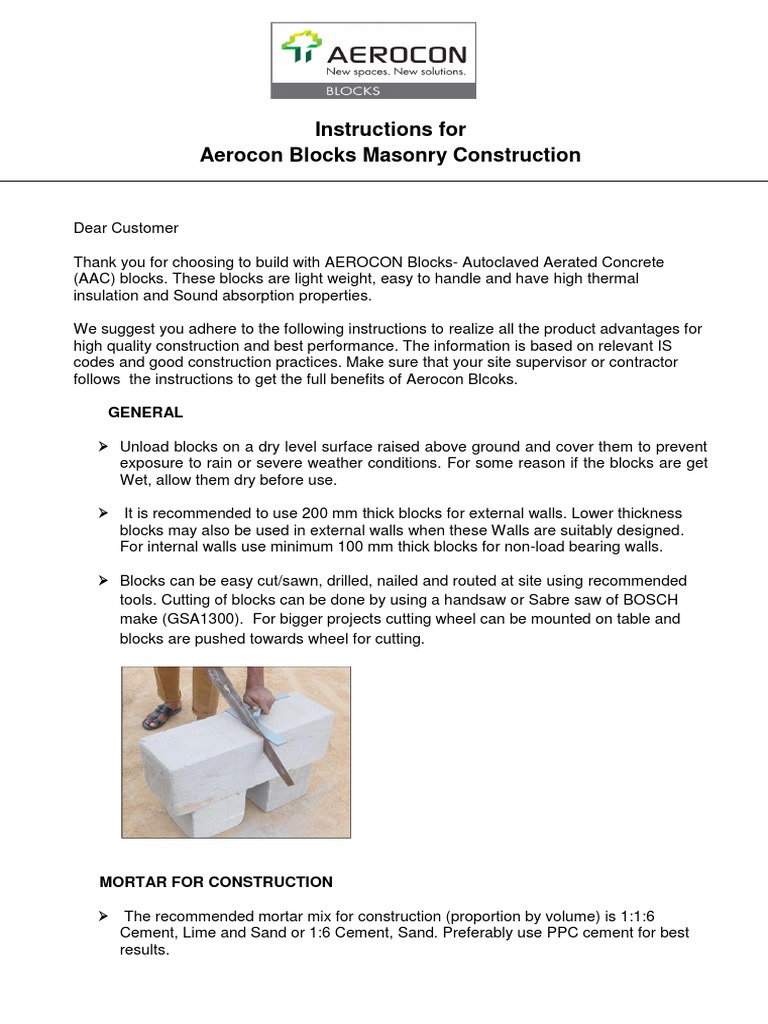 Aerocon AAC Block Masonry Guide | PDF | Masonry | Mortar (Masonry)