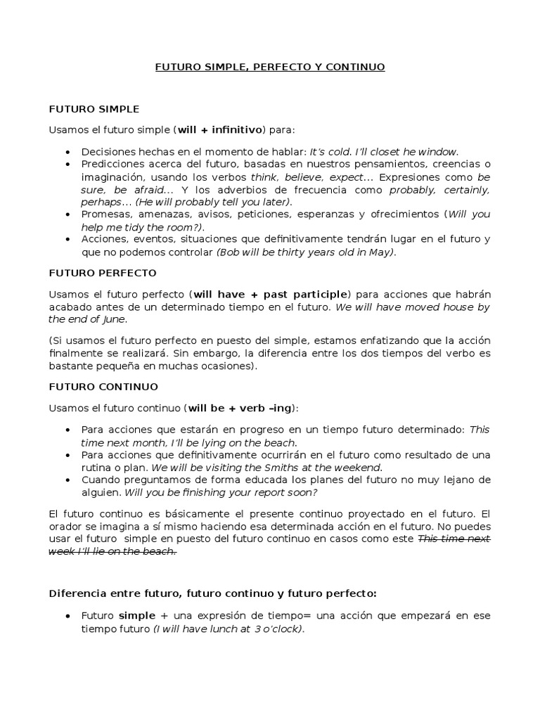 Futuro Simple, Perfecto y Continuo | PDF | Estudios de idiomas extranjeros