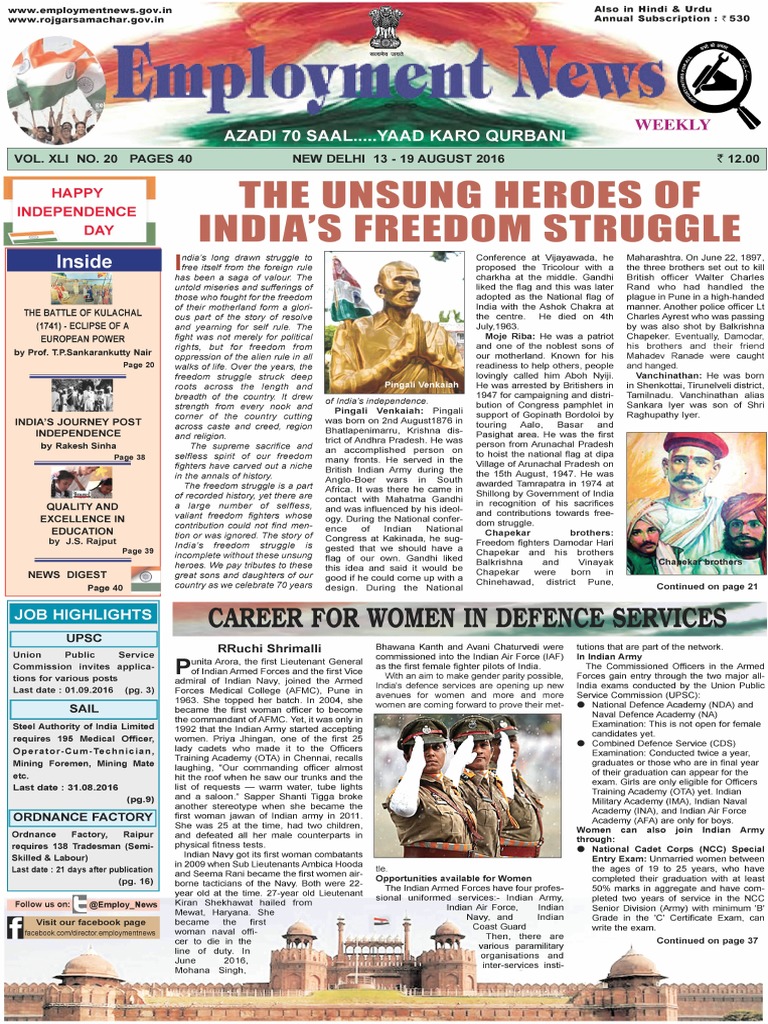 The Unsung Heroes of India'S Freedom Struggle: Employment News | PDF ...