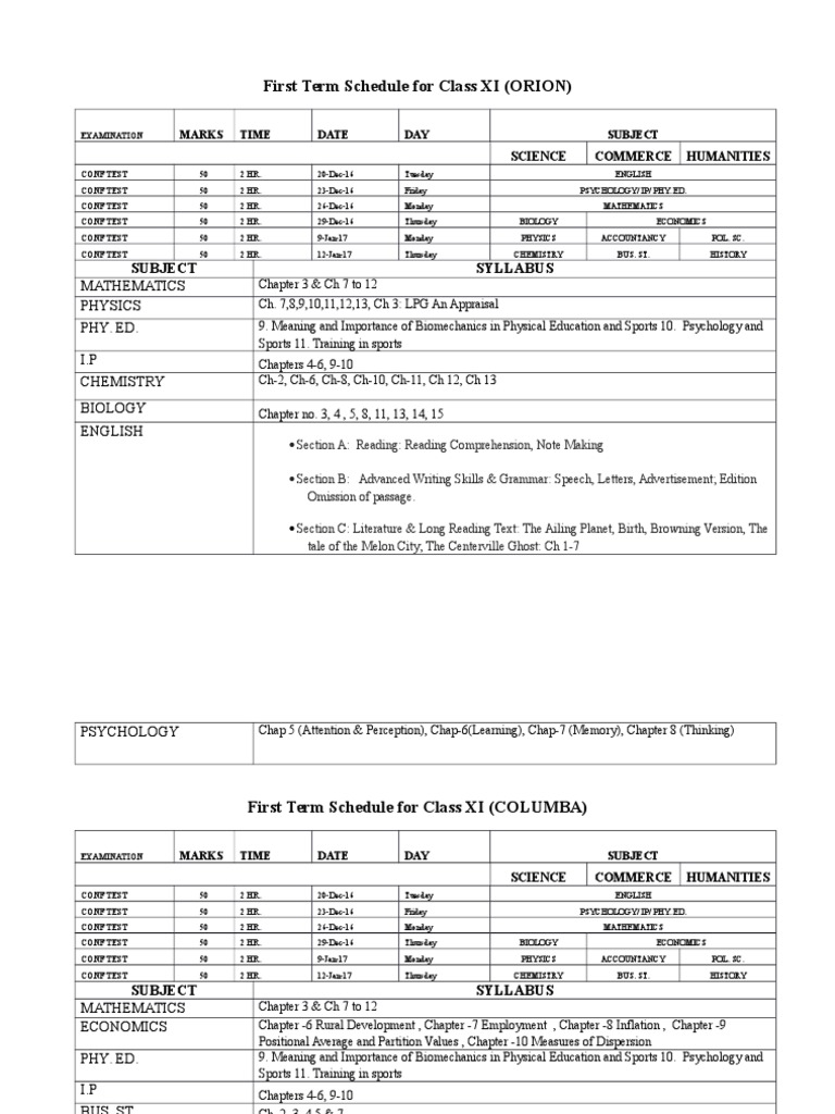 Class 11 First Term Exam Schedule 2016 | PDF | Reading (Process ...