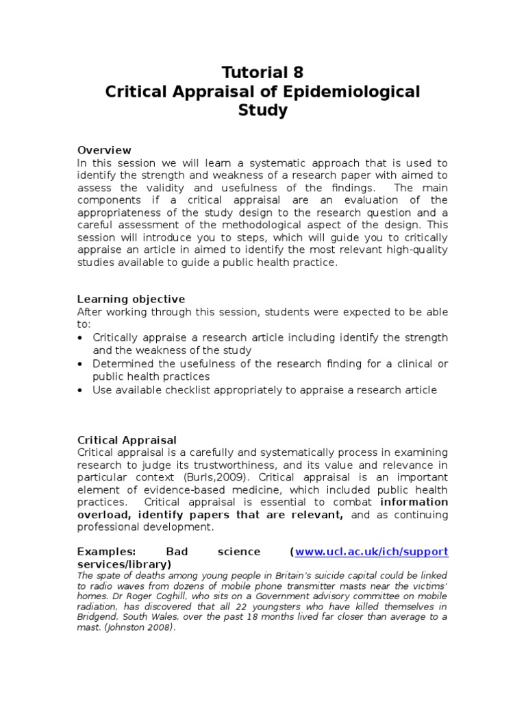Tutorial 8 - Critical Appraisal - Students | PDF | Evidence Based ...