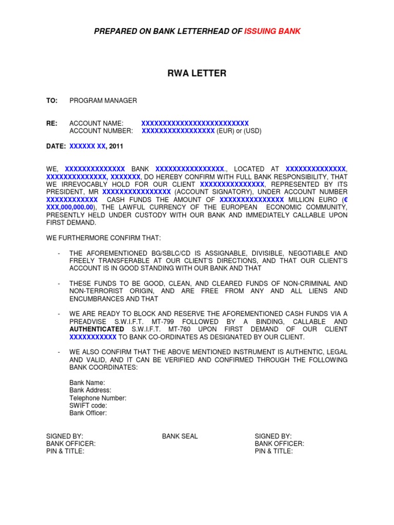 Rwa Letter: Prepared On Bank Letterhead of | PDF | Finance & Money  Management