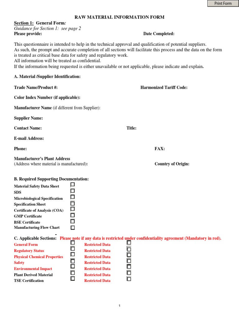 Raw Material Information Form Guidance and Template for Completing