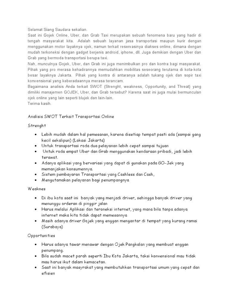 Analisis Swot Gojek Uber Dan Grab
