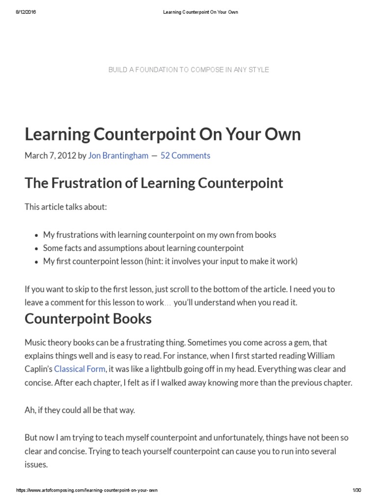 Learning Counterpoint On Your Own PDF | PDF | Harmony | Composers