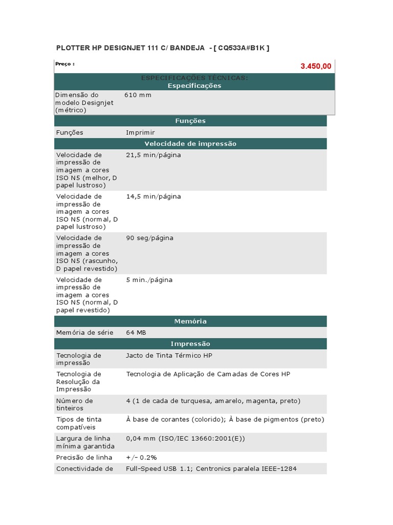 Plotter HP Designjet 111 c | Impressão | Impressora (Computação)