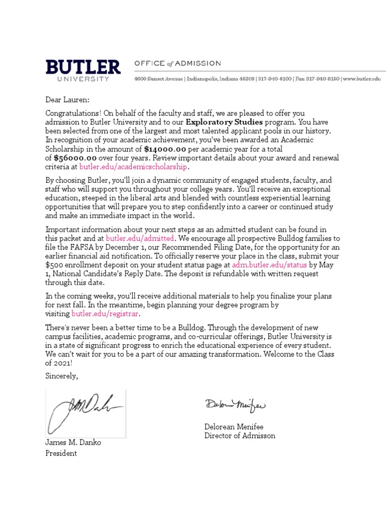 Butler University Admission Offer Letter | PDF | Career & Growth | Business