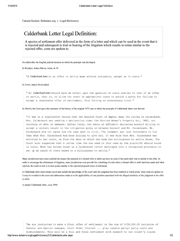 Calderbank Letter Legal Definition PDF