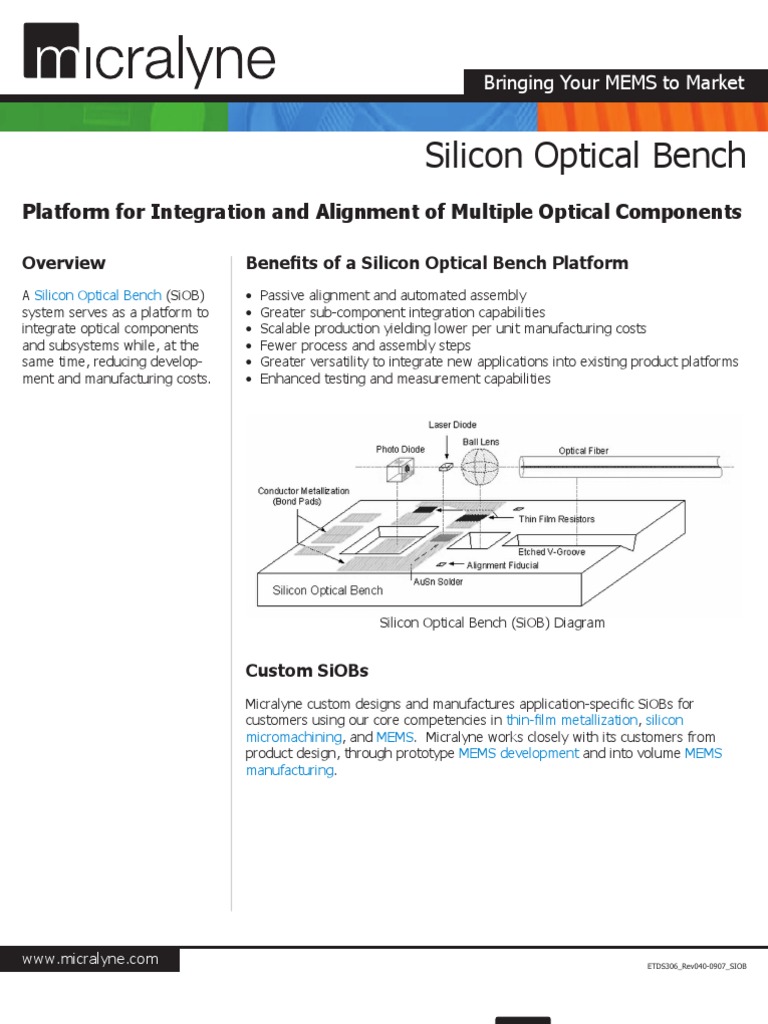 Silicon Optical Bench Micralyne MEMS Foundry PDF Microelectromechanical Systems
