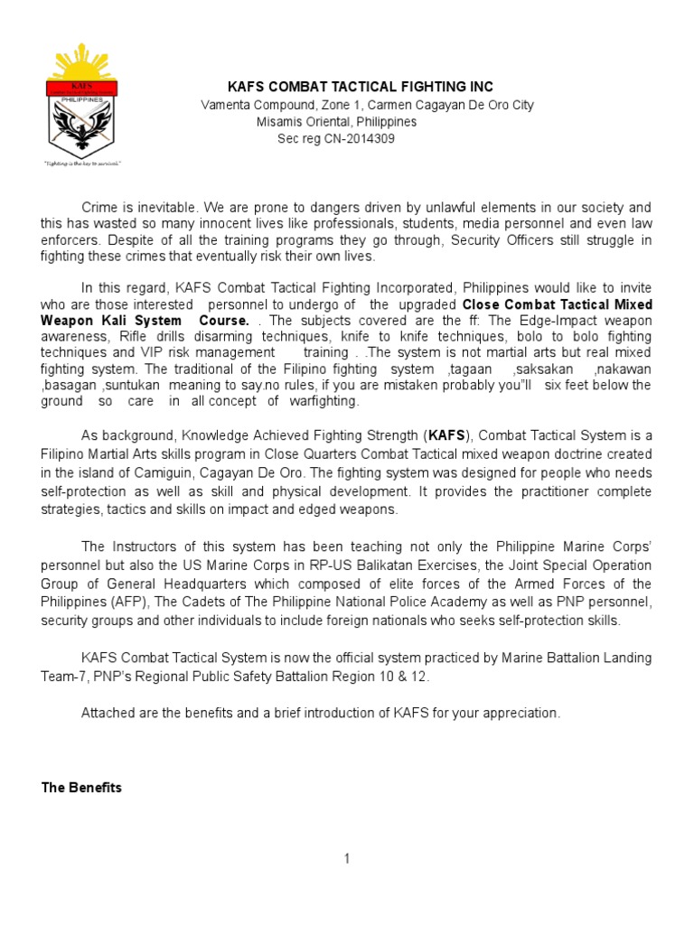 Kafs Hand Out Kafs Training Rpsb 10 Pdf Self Defense United States Marine Corps
