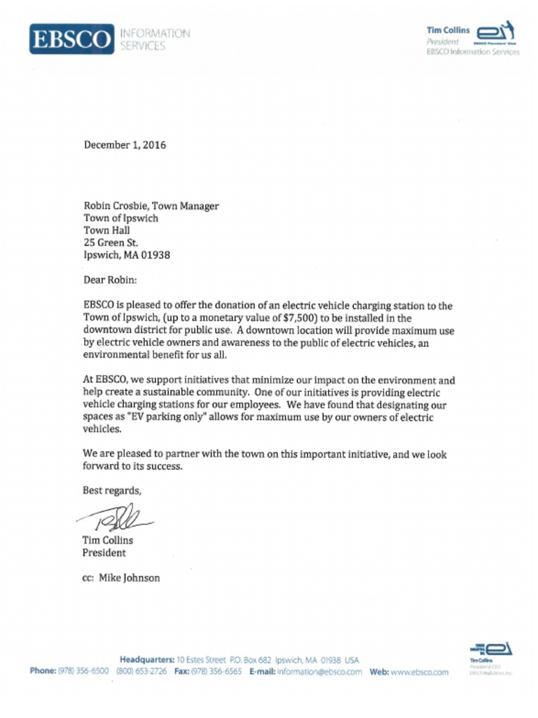 Electric Vehicle Charging Proposal Ipswich MA Selectmen Dec. 12 2016