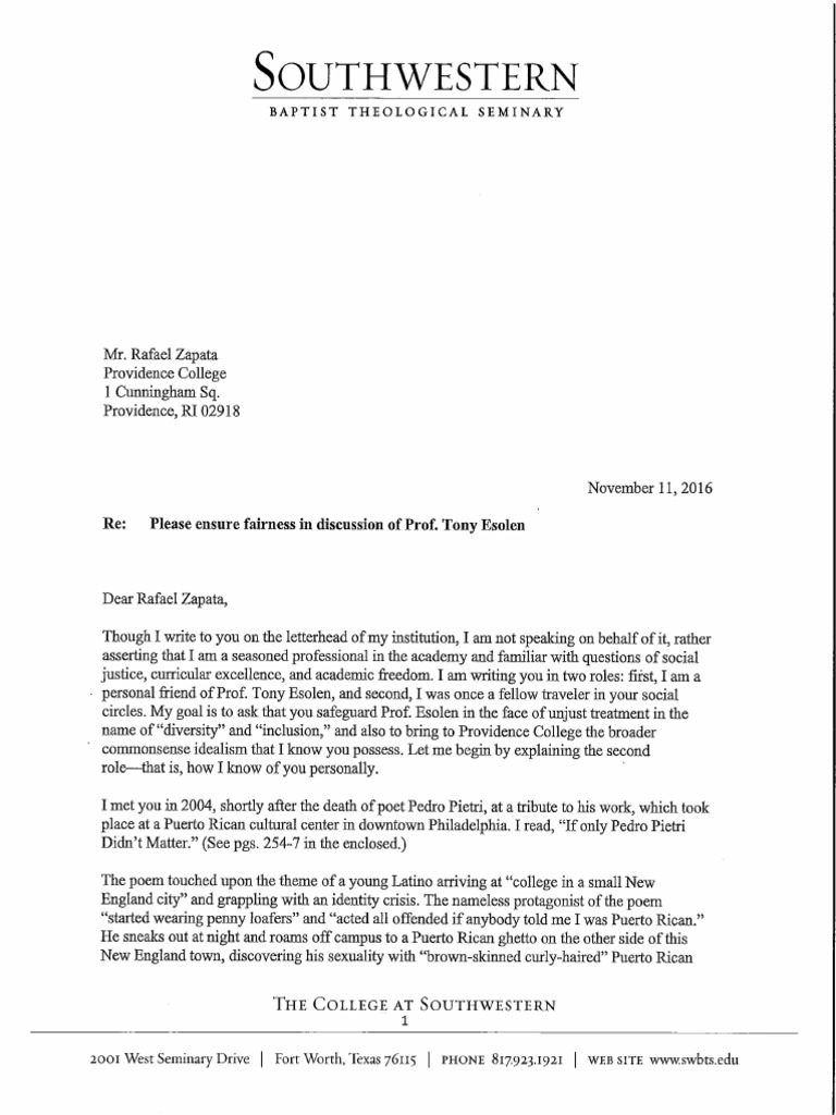 Letter To Rafael Zapata Chief Diversity Officer Of Providence College 