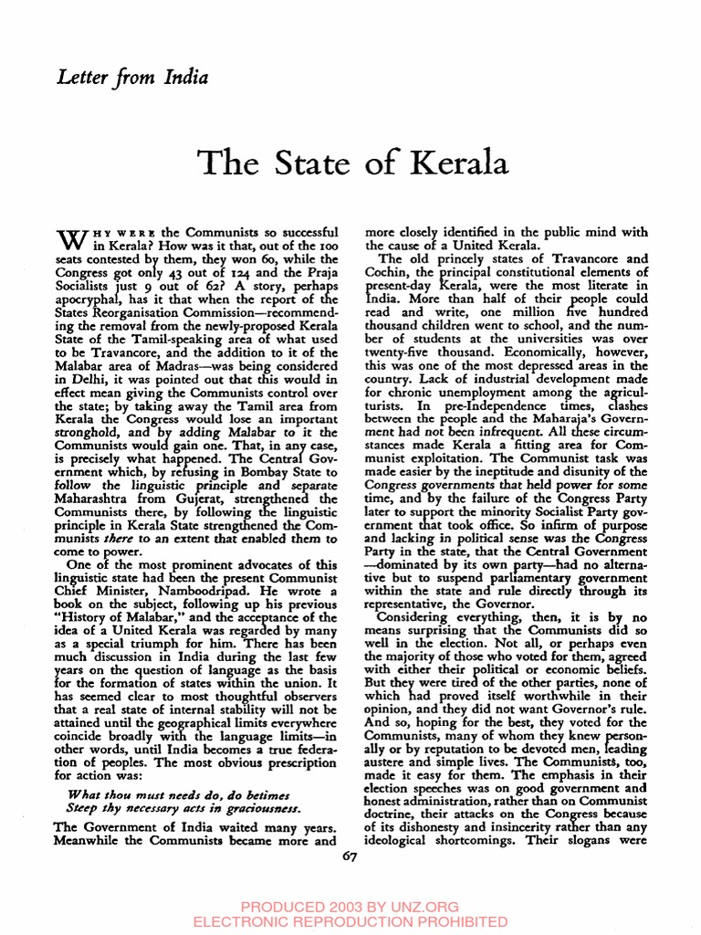 The State Of Kerala Letter From Pdf Kerala Communism