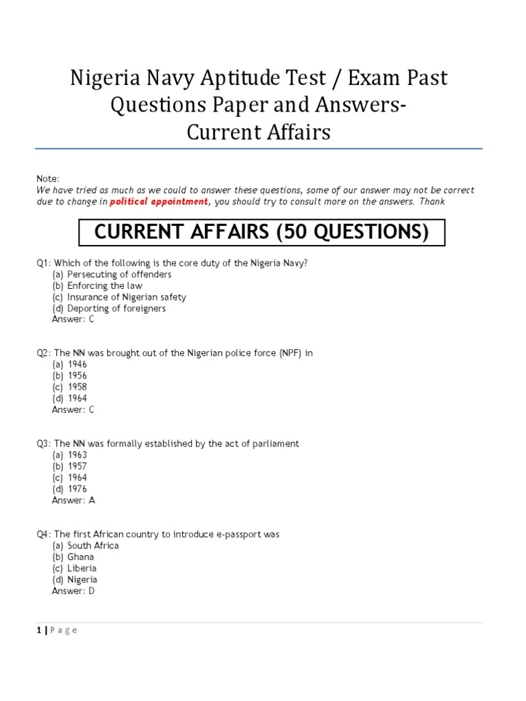 Nigeria Navy Free Aptitude Test Past Question Answer PDF Nigeria Government