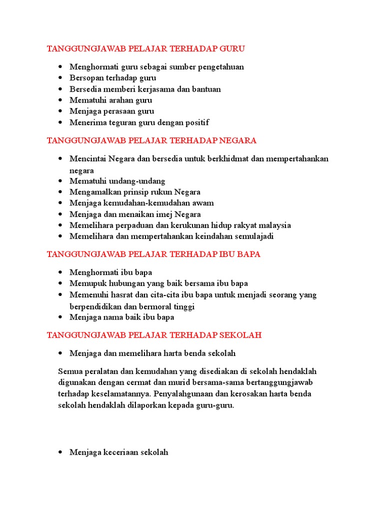 24 Tanggungjawab Seorang Pelajar Kepada Ibu Bapa Guru Sekolah Dan Negara Pdf