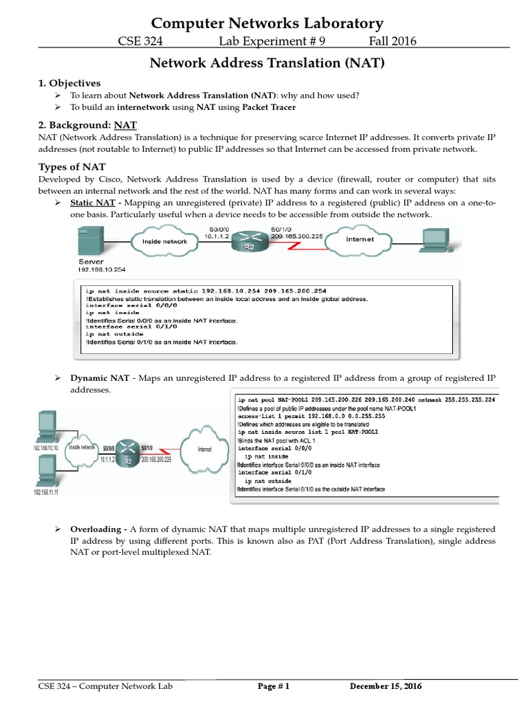 NAT Configuration Lab Exercise | PDF | Ip Address | Router (Computing)