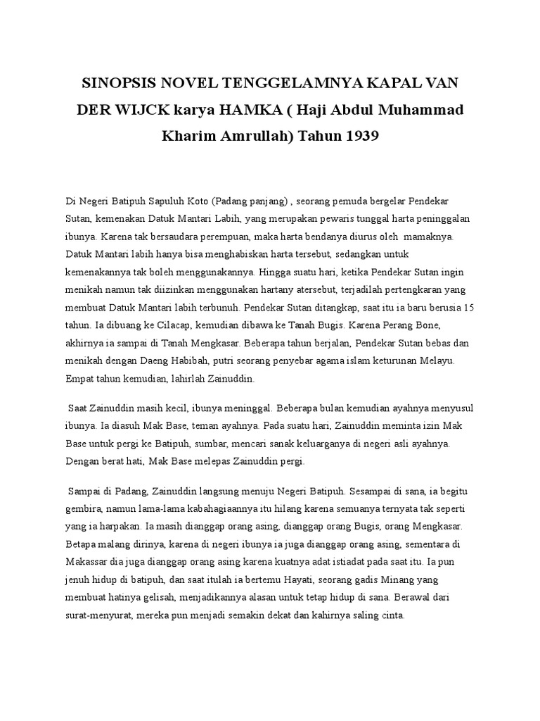 Sinopsis Novel Tenggelamnya Kapal Van Der Wijck Karya Hamka