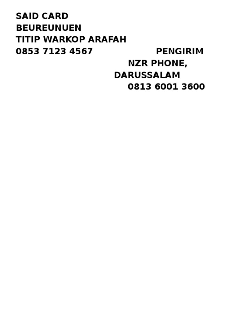 Said Card Beureunuen Titip Warkop Arafah 0853 7123 4567 Pengirim NZR ...