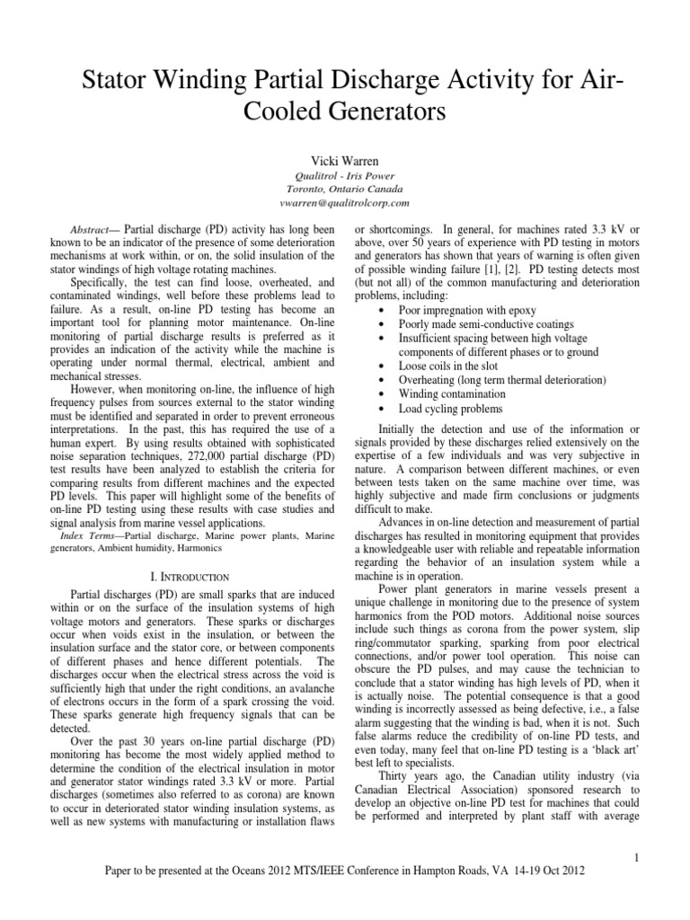Stator Winding Partial Discharge Activity For Air-Cooled Generators ...