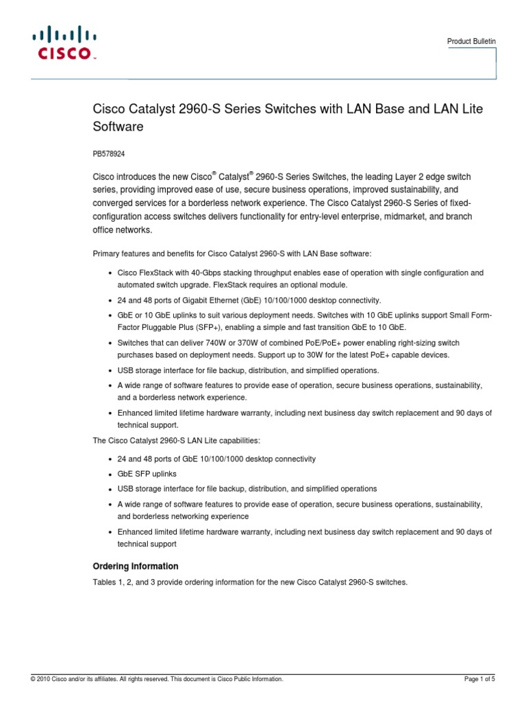 Cisco Catalyst 2960-S Series Switches With LAN Base and LAN Lite ...