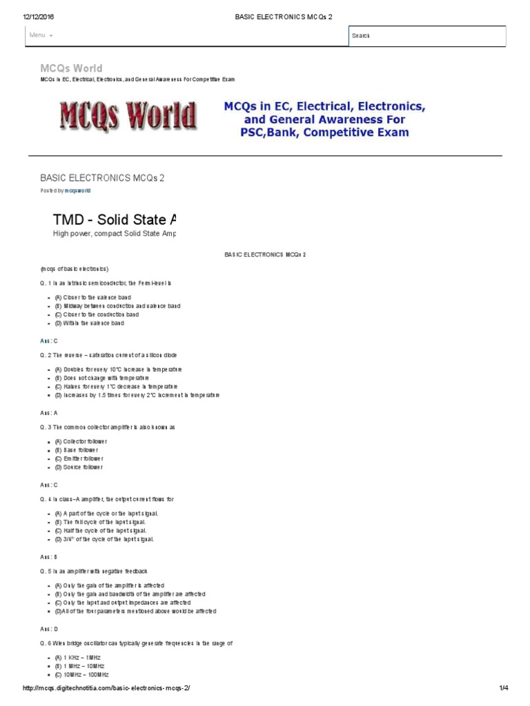 Basic Electronics Mcqs 2 PDF Electronic Oscillator Amplifier