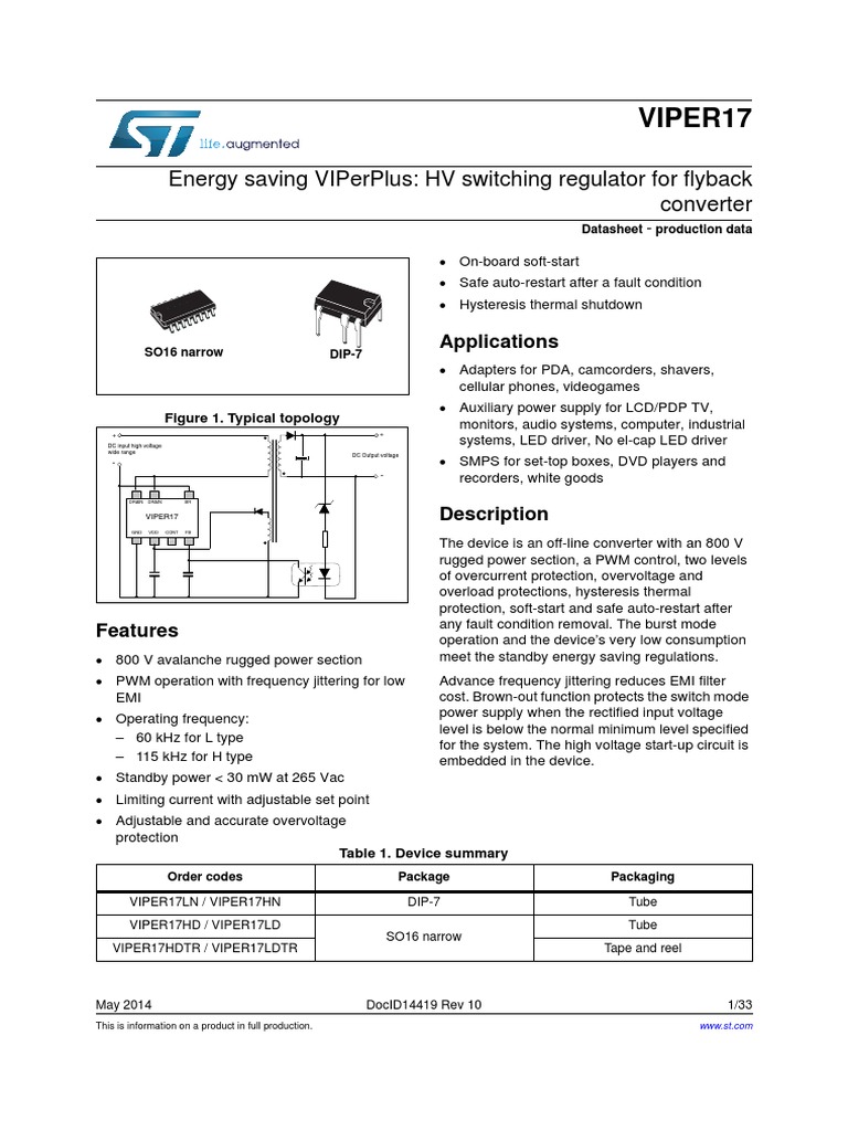 VIPER17LN-Fixed Frequency 6W High Performance Off Line High Voltage ...