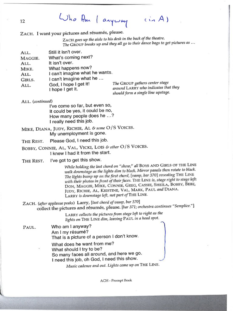 A Chorus Line Who Am I Anyway (Opening) Tekst en Bladmuziek PDF PDF