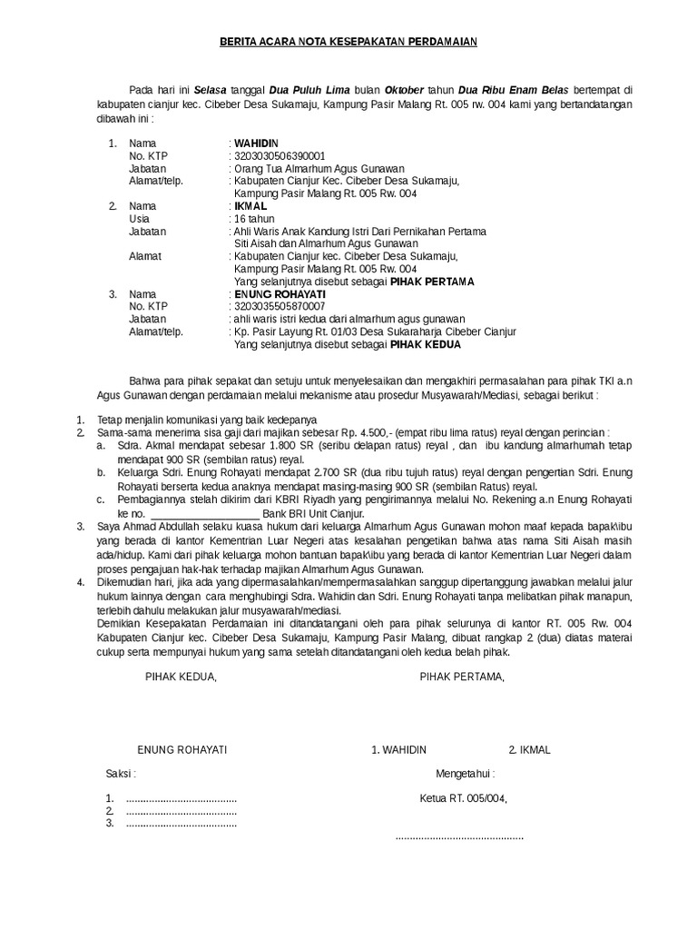 Berita Acara Nota Kesepakatan Perdamaian