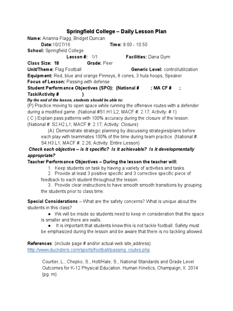 Springfield College Daily Lesson Plan
