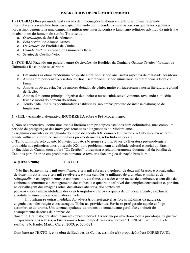 Exercícios sobre Pré-Modernismo | PDF | Realismo (artes) | Romantismo
