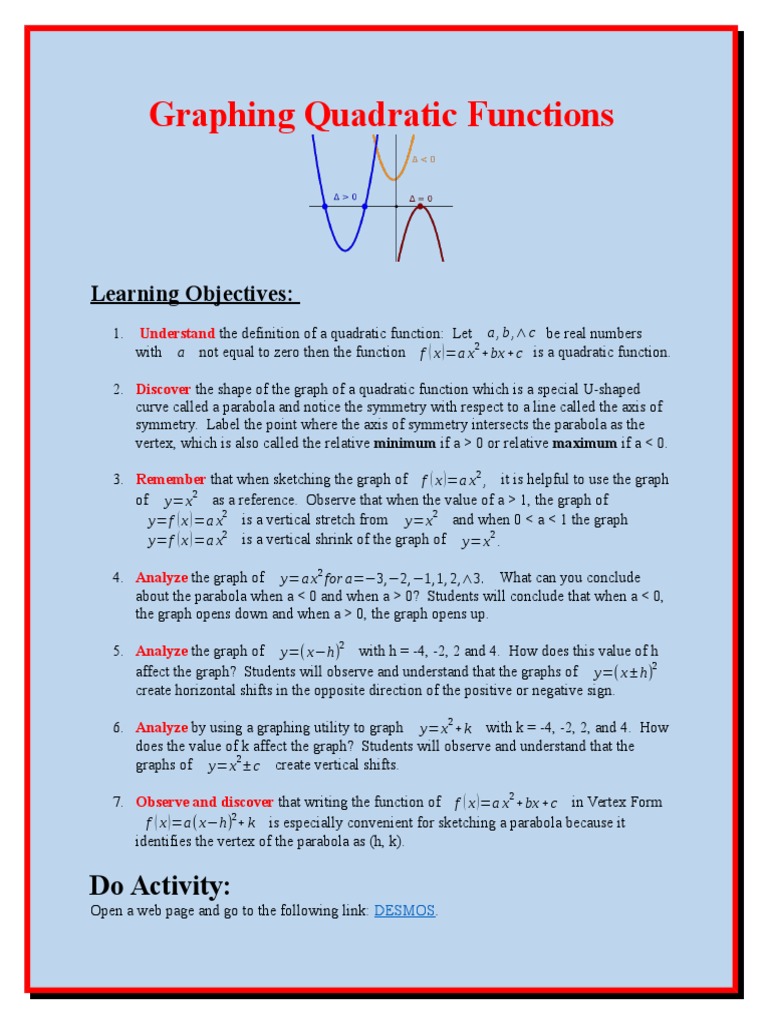 Week 2 Graphing Quadratic Functions