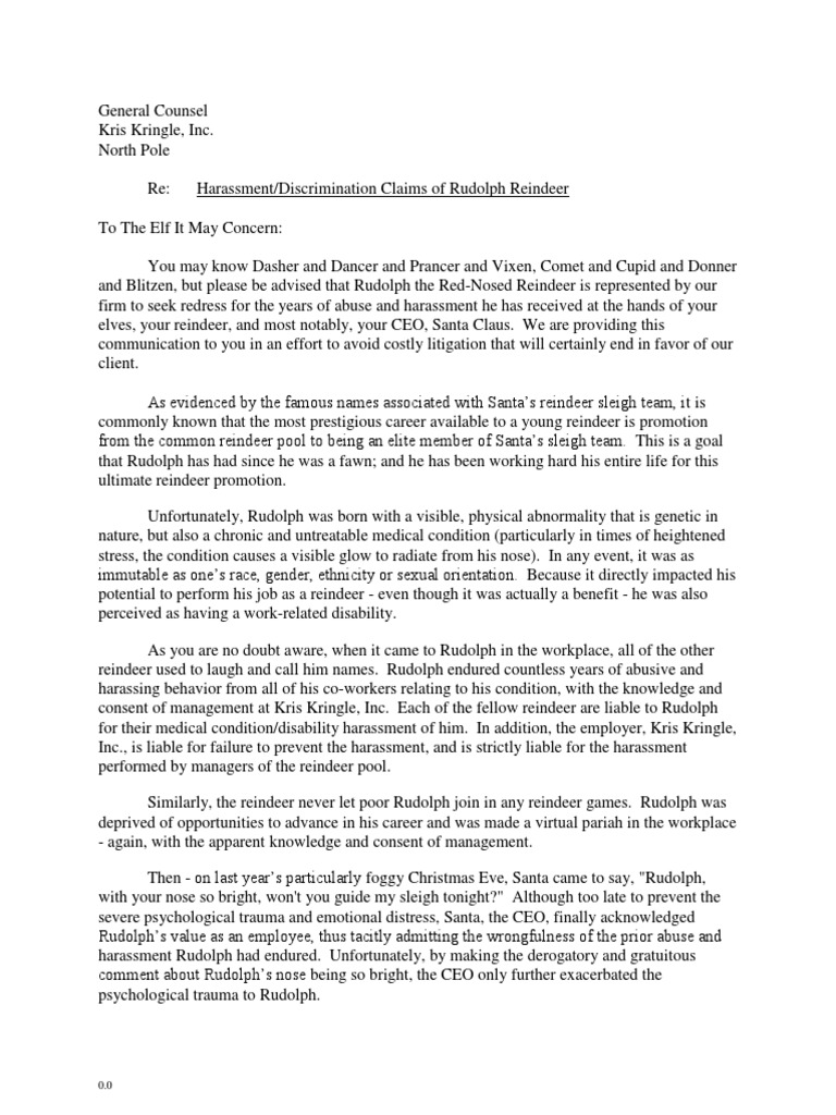 Rudolph's Harassment Claim Against Santa | PDF | Santa Claus's Reindeer ...