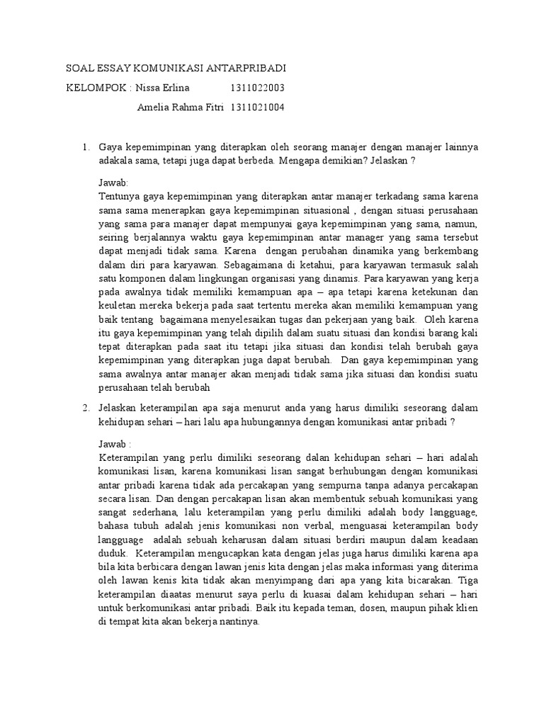 Soal Essay Komunikasi Antarpribadi