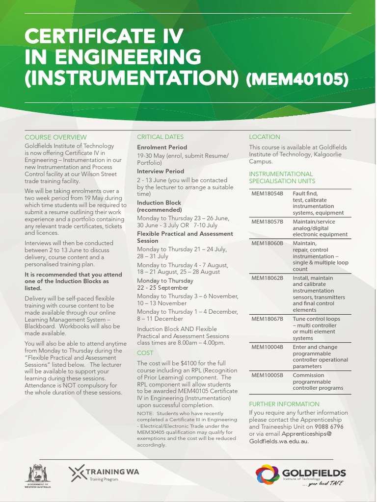 Certificate IV in Engineering Instrumentation Mem40105 PDF Instrumentation Apprenticeship