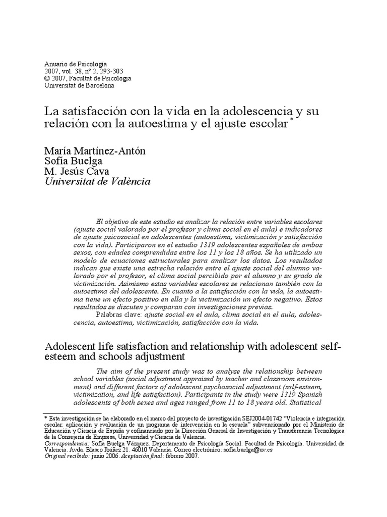 SV en La Adolescencia y Su Relacion Con La Autoestima y El Ajuste ...