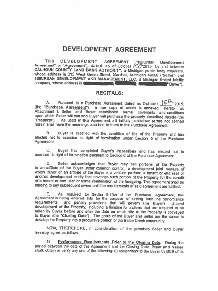 Development and Purchase Agreement 180urban and Calhoun County Land