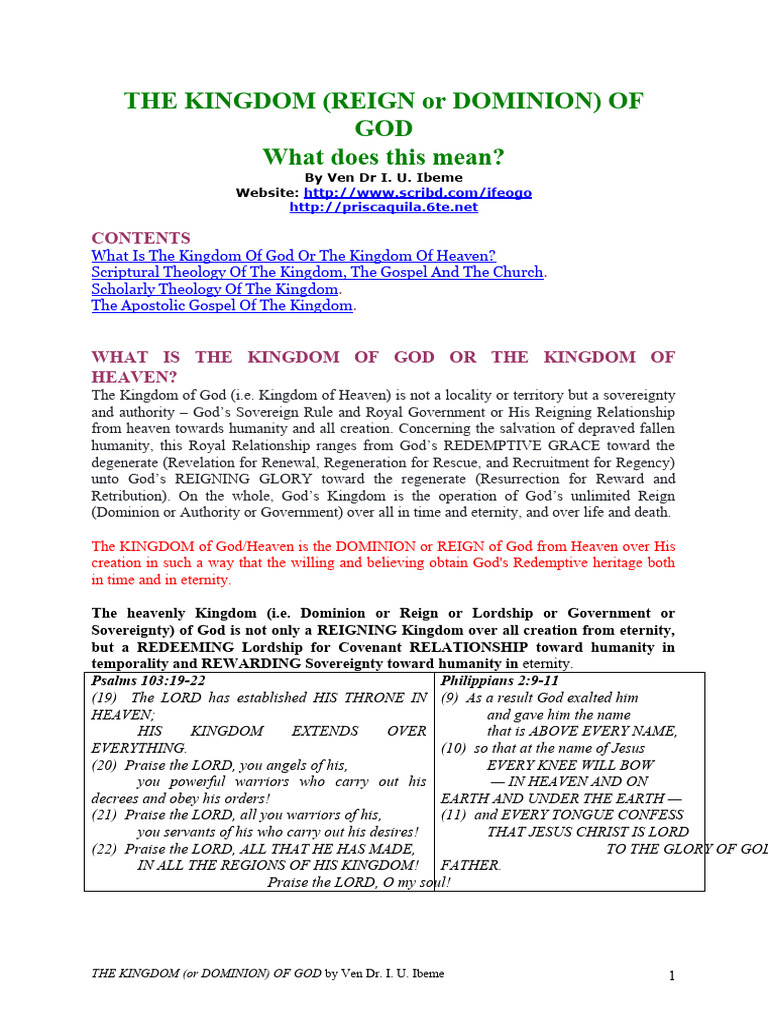 The Kingdom (Reign or Dominion) of God What Does This Mean? PDF