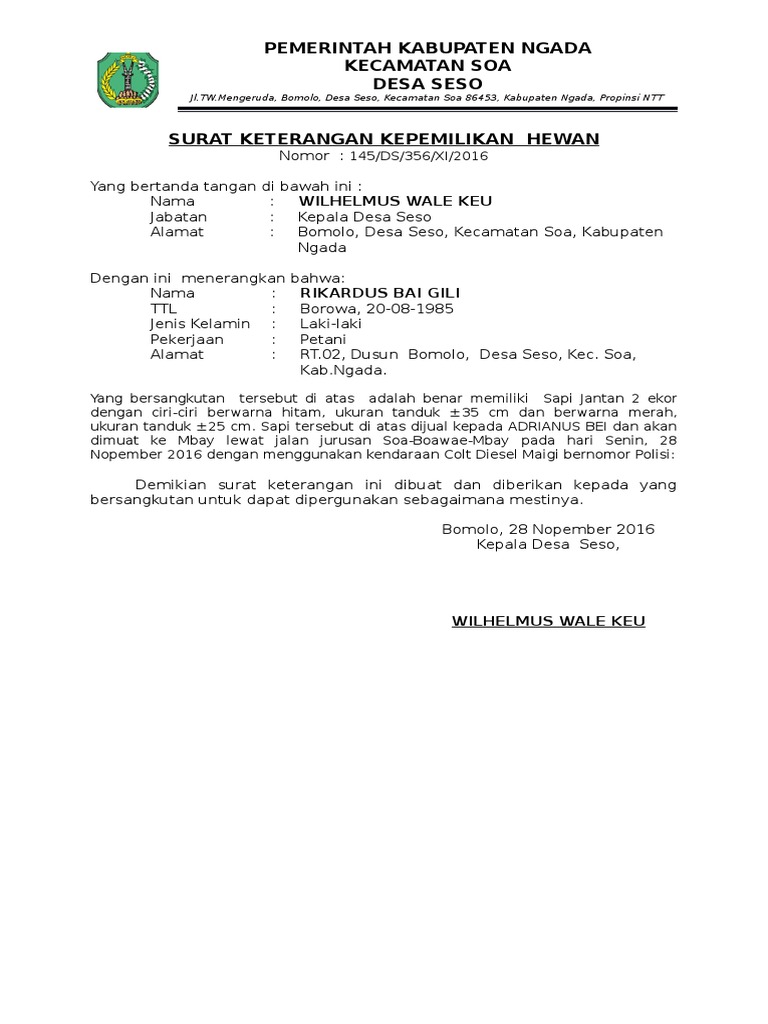 Surat Keterangan Kepemilikan Hewan