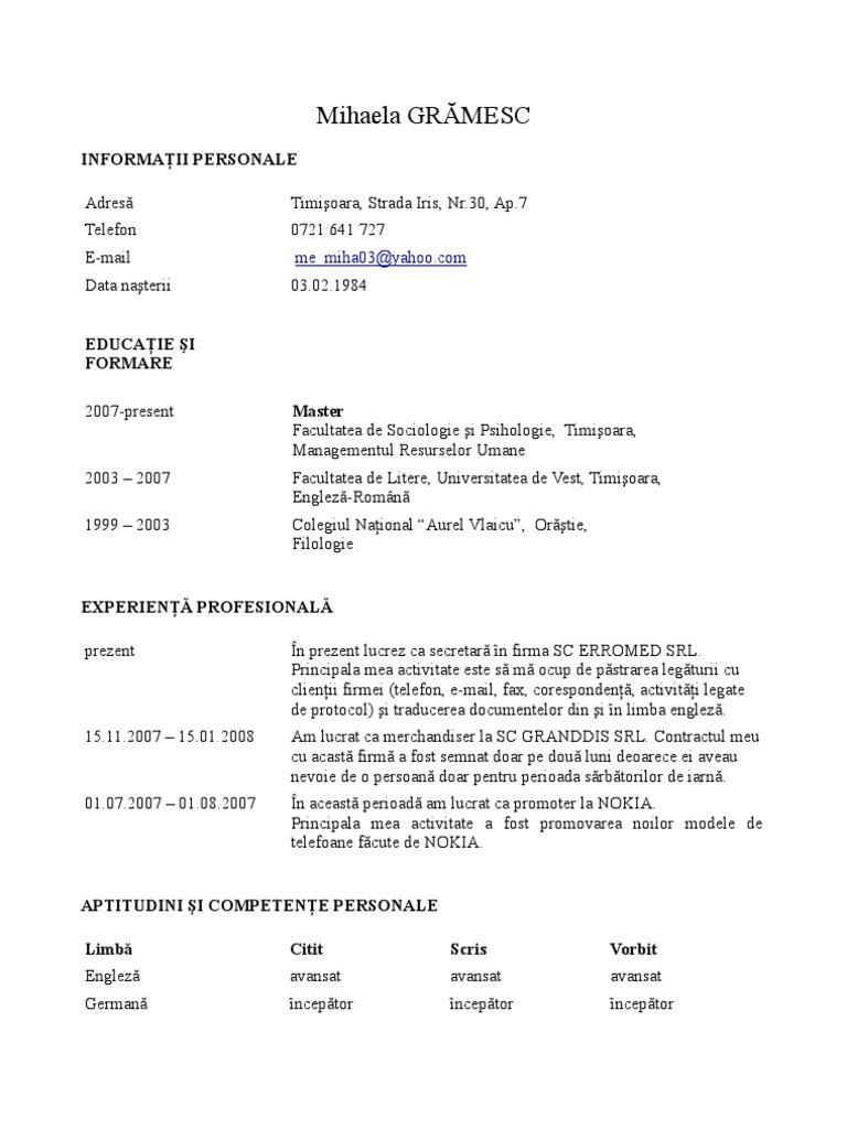 Cv Romana Pdf