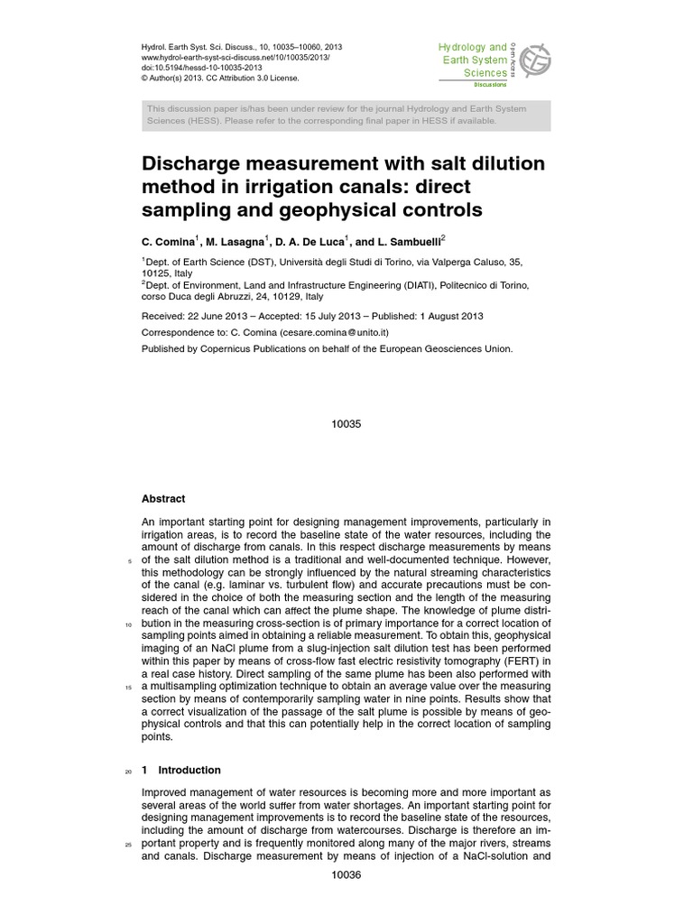 Discharge Measurement With Salt Dilution Method in Irrigation Canals
