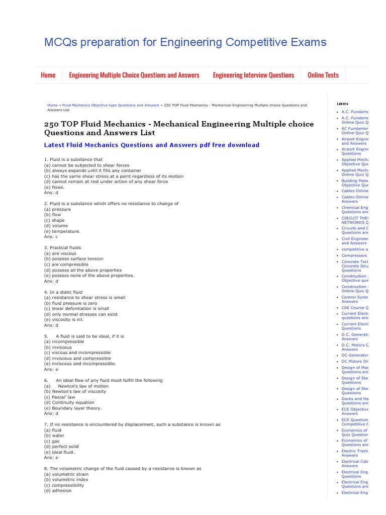 Fluid Mechanics MCQs for Engineers | PDF | Buoyancy | Fluid Dynamics