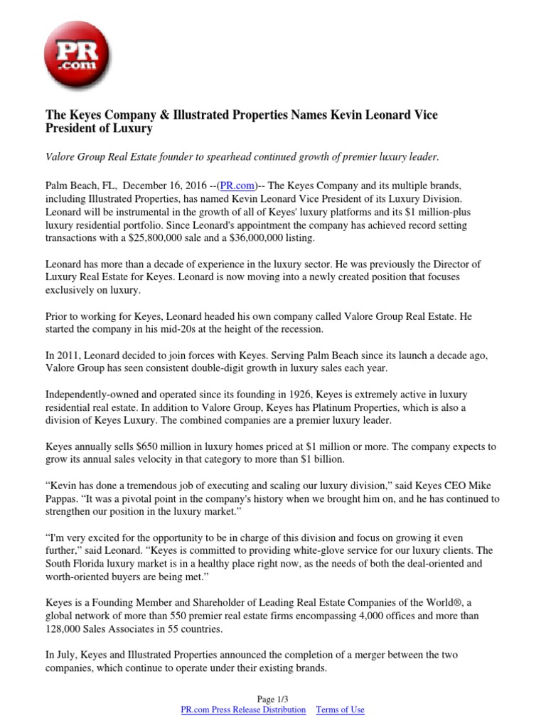 The Keyes Company & Illustrated Properties Names Kevin Leonard Vice