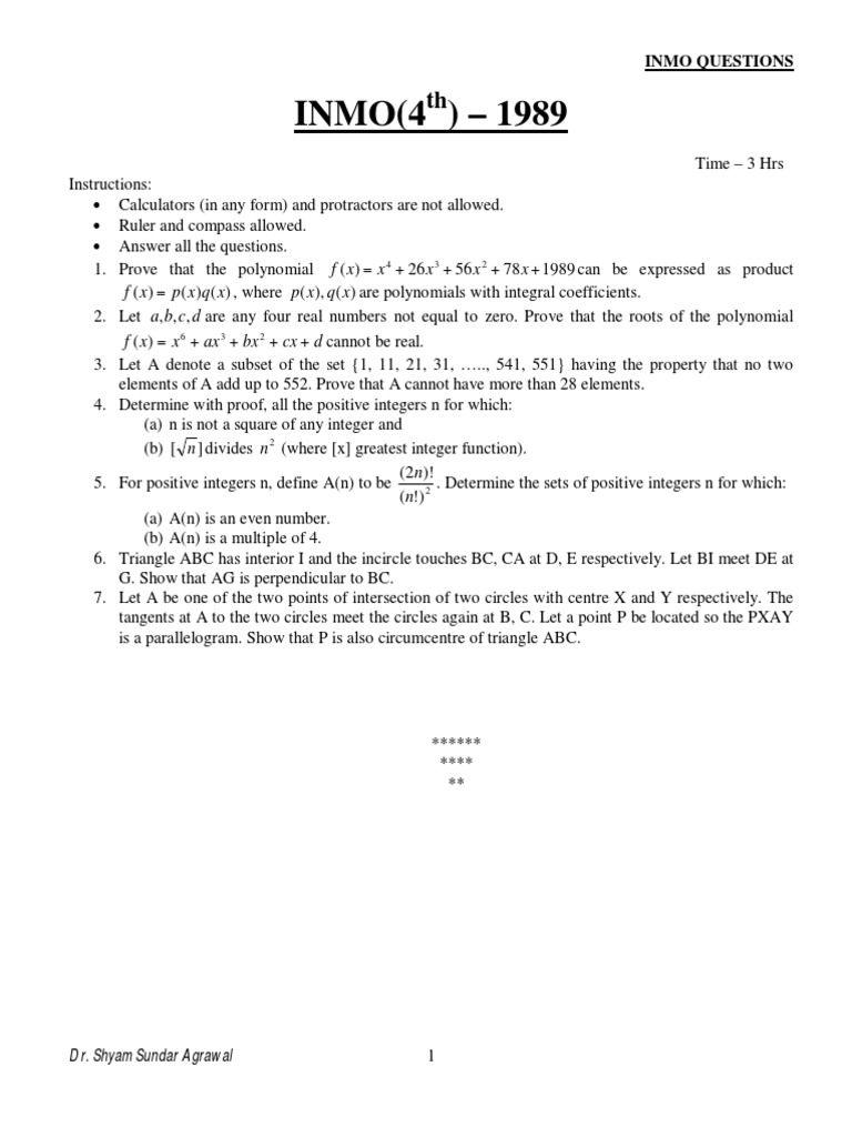 INMO 1989 Questions and Solutions | PDF